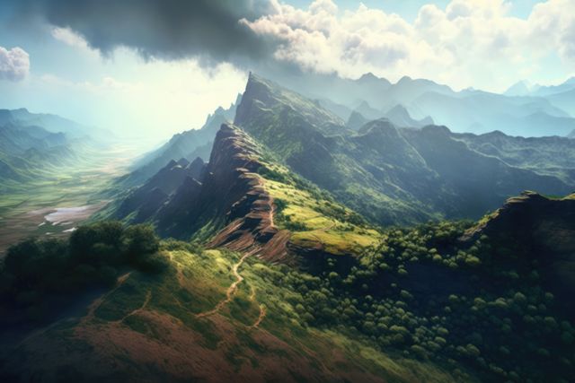 Scenery with mountains, forest and sky with clouds created using generative ai technology. Landscape and nature concept digitally generated image.
