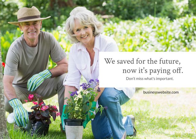 Elderly couple enjoys gardening, symbolizing happiness in retirement. Ideal for financial services, retirement planning concepts, health and wellness campaigns, and promoting outdoor activities or elderly well-being.