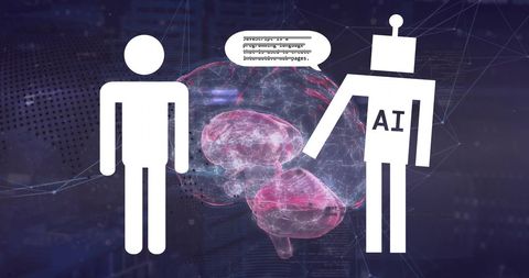 Human-ai interaction represented by icons with brain background