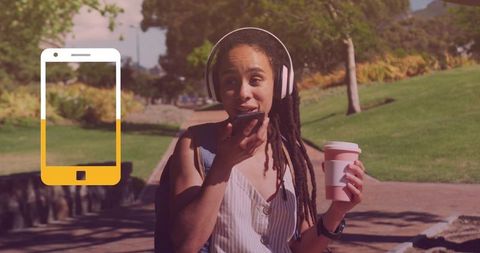 woman in headphones using voice message app outdoors - Download Free Stock Images Pikwizard.com