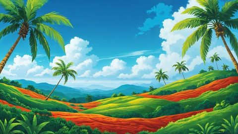 Idyllic tropical haiti hillside landscape with swaying palm trees
