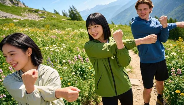 Hikers stretching on alpine wildflower trail preparing for mountain trek and outdoor adventure