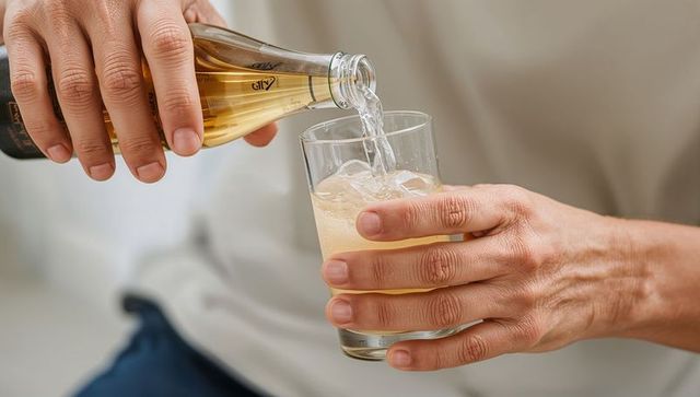 Pouring sparkling drink into ice-filled glass closeup of adult hands creating bubbles