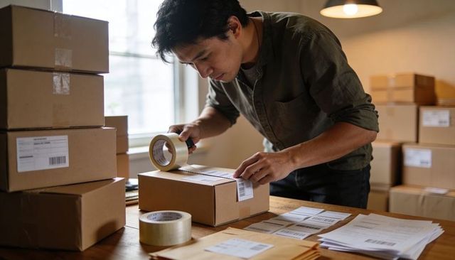 Man packing parcels and sealing boxes for small business shipping and order fulfillment