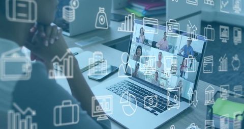 Virtual Team Meeting in Modern Office with Digital Graphics