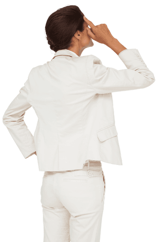 Thoughtful Biracial Businesswoman in White Suit on Transparent Background