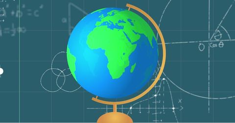 Blue globe with mathematical equations in educational context