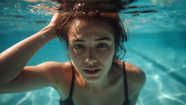 Floating young woman holding hair underwater sunlit turquoise pool contemplative portrait