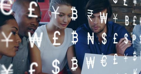 Diverse Team Collaborating on Global Business Project with Currency Overlay