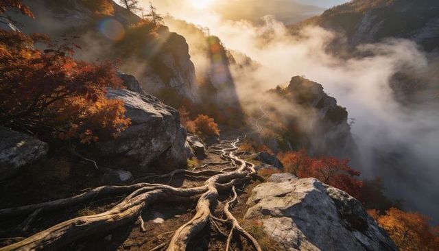 Gnarled tree roots tracing narrow mountain ridge at golden hour with mist-filled valley