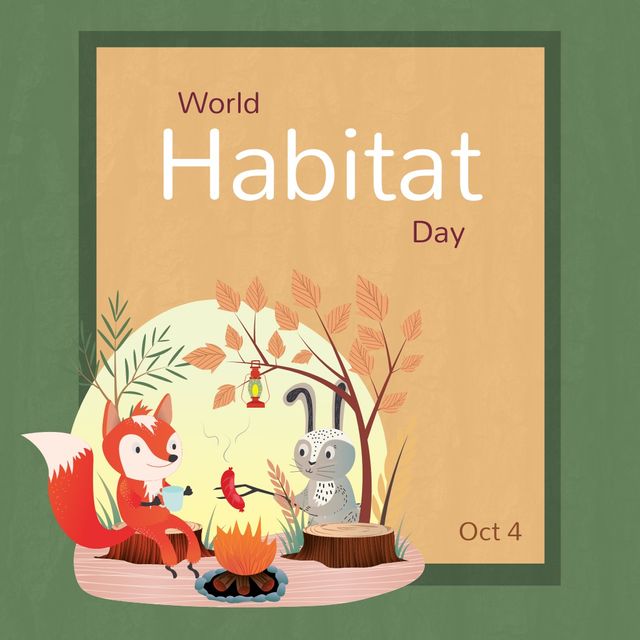 Square image of world habitat day text with animals by the fire. World habitat day campaign.