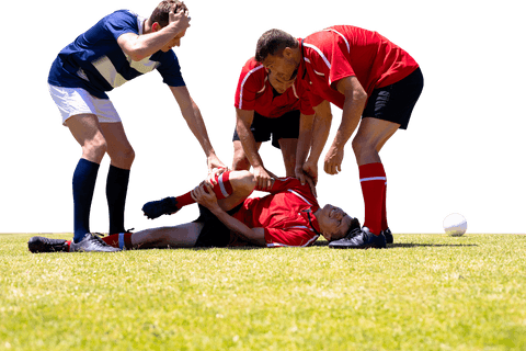Transparent rugby players assisting injured teammate on field