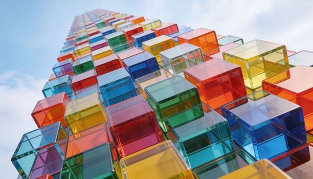Rising multicolored translucent glass cube tower reflecting light toward pale sky