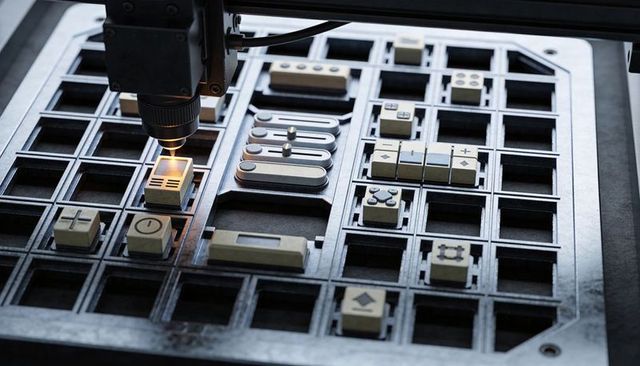 Gantry Optical Inspection Head Scanning Keycaps on Grid Fixture for Precision Manufacturing