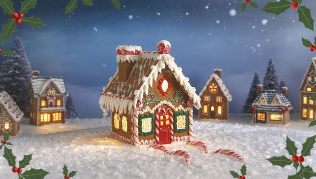 Gingerbread House Glowing with Candy Cane Pathways in Snowy Miniature Holiday Village