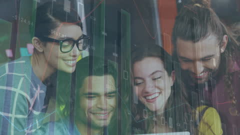 Diverse Team Analyzing Data with Financial Charts Overlay