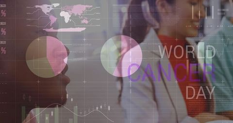 World cancer day data analytics overlay in office setting
