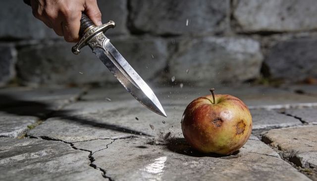 Hand holding ornate dagger above bruised apple on cracked stone courtyard, dramatic tension