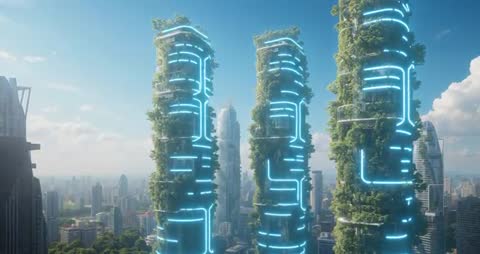 Futuristic Green Towers with Neon Highlights in Skyline