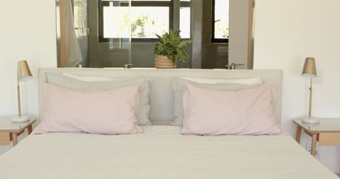 Elegant Minimalist Bedroom with Queen Bed and Soft Pastel Accents