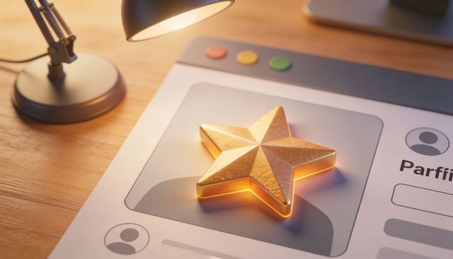 Glowing gold star on desktop profile card under warm lamp lighting for ux rating