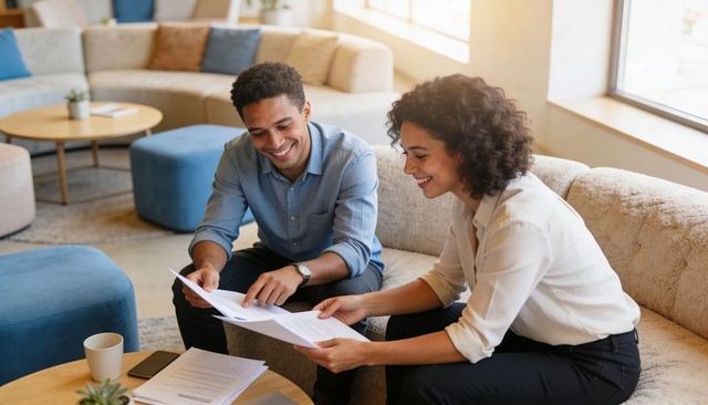 Colleagues reviewing documents and collaborating in casual modern office lounge together