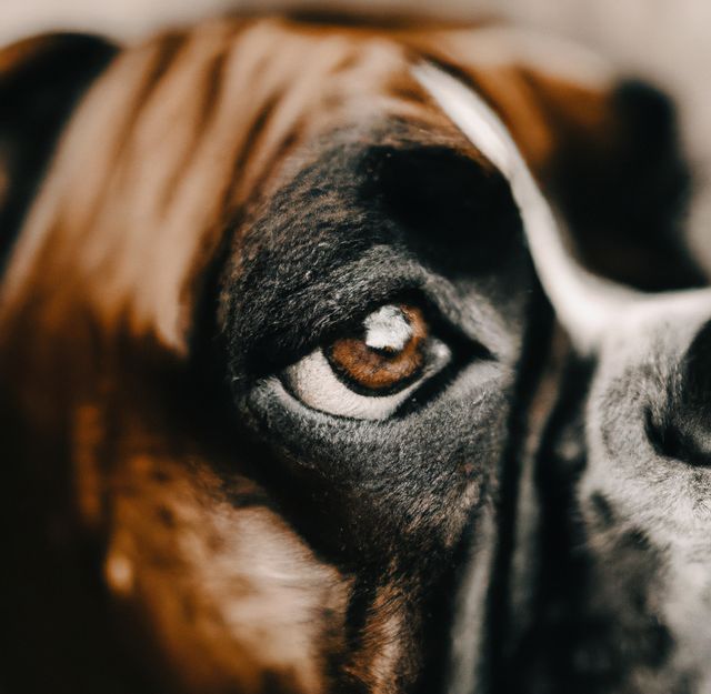 Close up of cute brown and black boxer dog. Animals, nature, dog and harmony concept.