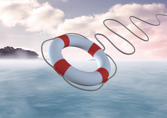 Digital composite image of lifebuoy with rope thrown in air above sea