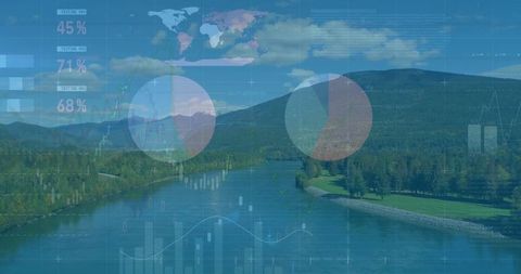 Superimposed analytics over scenic forest river