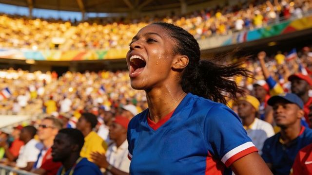 Female fan cheering passionately in sunlit stadium crowd wearing blue red-trim jersey