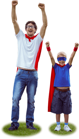 Father and Son Celebrating in Superhero Capes on Transparent Background