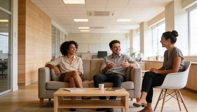 Coworkers collaborating and sharing ideas in modern office lounge during casual meeting