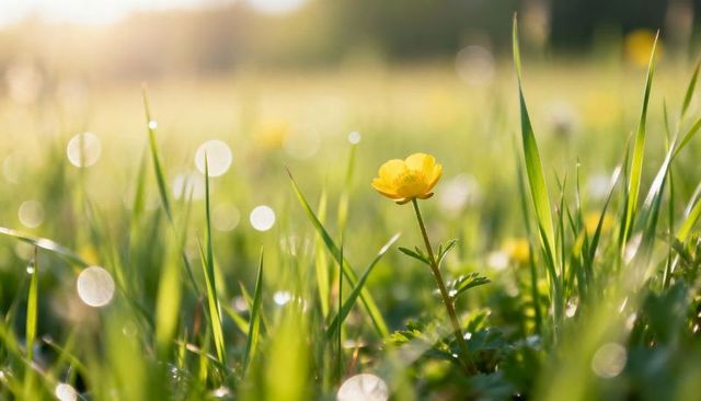 Sunlit yellow wildflower in dewy meadow with bokeh background for spring nature themes