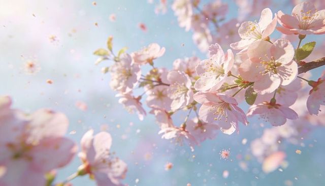 Soft pink cherry blossoms drifting petals with sunlit bokeh spring floral background macro