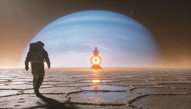 Astronaut walking across cracked salt flat toward glowing alien artifact under blue gas giant