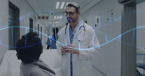 Doctor consulting patient on hospital gurney with stethoscope highlighting healthcare professionalism. DNA graphic suggests medical accuracy and advancements. Useful for illustrating medical consulting, patient care education, or healthcare settings. Can be used in health-related websites, publications, and medicalinfo platforms.