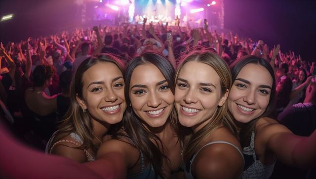Group of Friends Taking Selfie at Concert Under Vibrant Lights