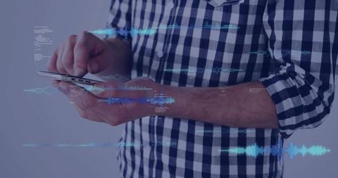 Man tapping smartphone with audio waveforms and holographic data visualization for mobile interactio
