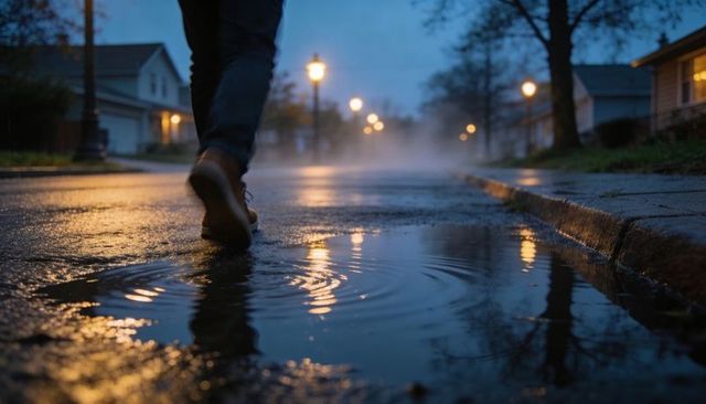 Walking through puddle at dusk on rainy suburban street, reflections and mist