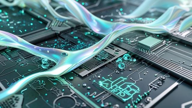 Iridescent Fluid Dynamic on Futuristic Circuit Board