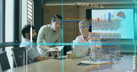 Ai data mining team meeting with holographic code display