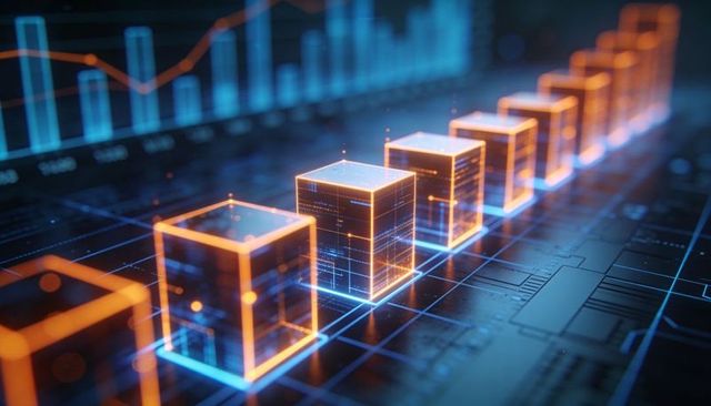 Neon Data Cubes Glowing on Circuit Grid Visualizing Blockchain AI Analytics and Growth