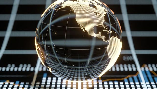 Holographic 3d globe showing lit americas over futuristic data grid with financial charts