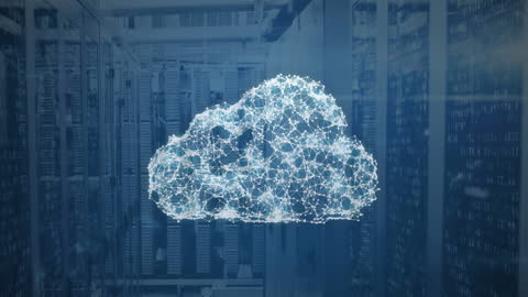 Digital Cloud with Data Nodes Overlaying Server Room
