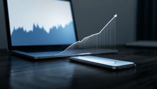 Projecting holographic 3d growth chart from smartphone on dark wood desk with laptop