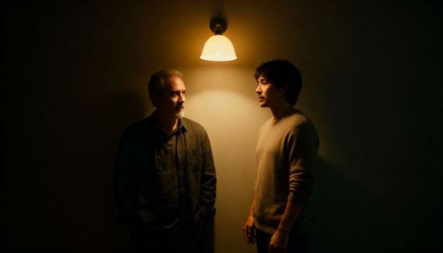 Two men standing talking under warm pendant lamp moody cinematic low-light conversation