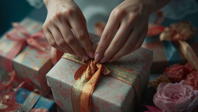 Hands Tying Ribbon on Elegant Gift with Florals and Patterns