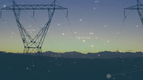 Digitally Connected Power Lines at Sunset Illustrating Network and Technology