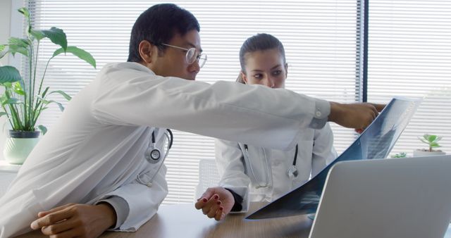 Male and female doctors are analyzing an X-ray at a shared desk. They are in a modern medical office with natural light coming through large windows, creating a bright environment. Nearby are potted plants, adding a sense of calm to the workspace. Useful for content related to medical consultations, teamwork in healthcare, professional environments, and modern medical practices.