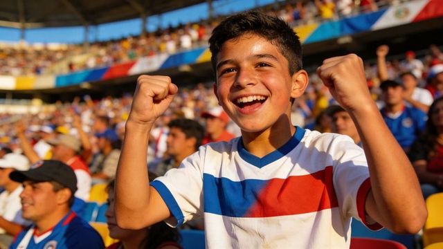 Joyful teenage fan cheering with fists raised in sunny stadium crowd during soccer match